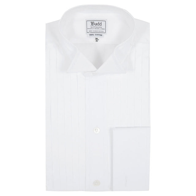 Classic Fit Wing Collar Hand Pleated Double Cuff Dress Shirt in White