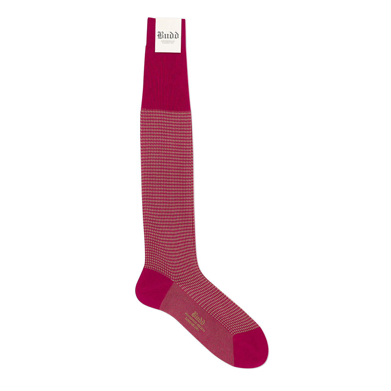 Dogtooth Cotton Long Socks In Magenta And Beige