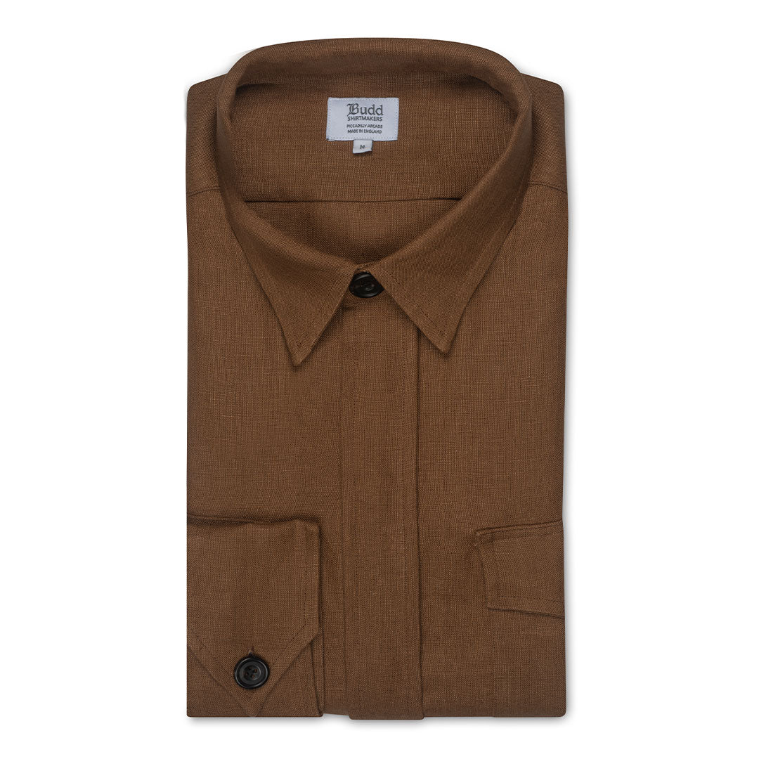 Plain Linen Button Cuff Safari Shirt In Brown