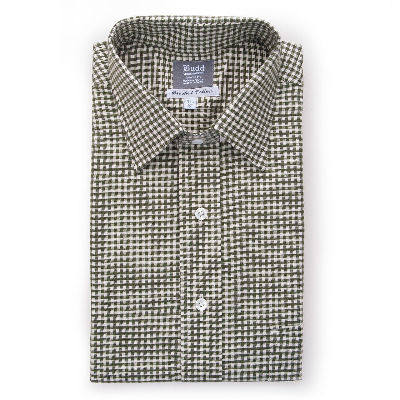 Tailored Fit Small Gingham Brushed Cotton Button Cuff Shirt In Green