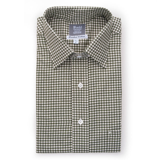 Tailored Fit Small Gingham Brushed Cotton Button Cuff Shirt in Green