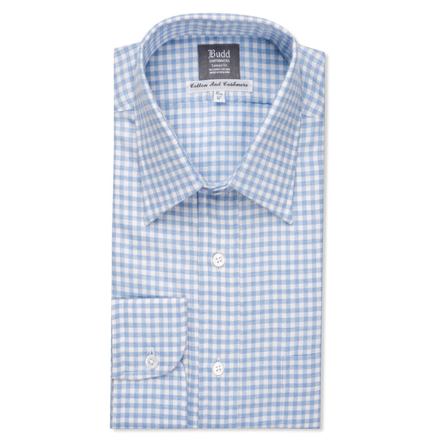 Tailored Fit Block Check Cotton and Cashmere Shirt in Sky Blue