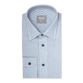 Tailored Fit Small Gingham Brushed Cotton Button Cuff Shirt in Sky Blue