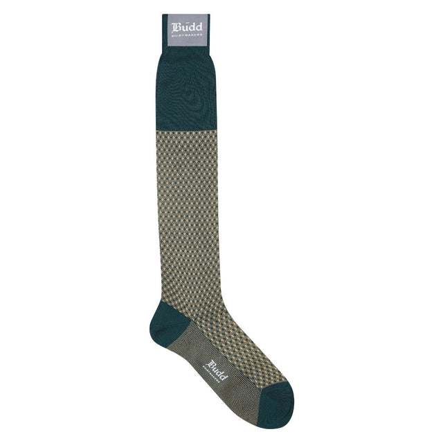 Gingham Cotton Long Socks in Tan and Green