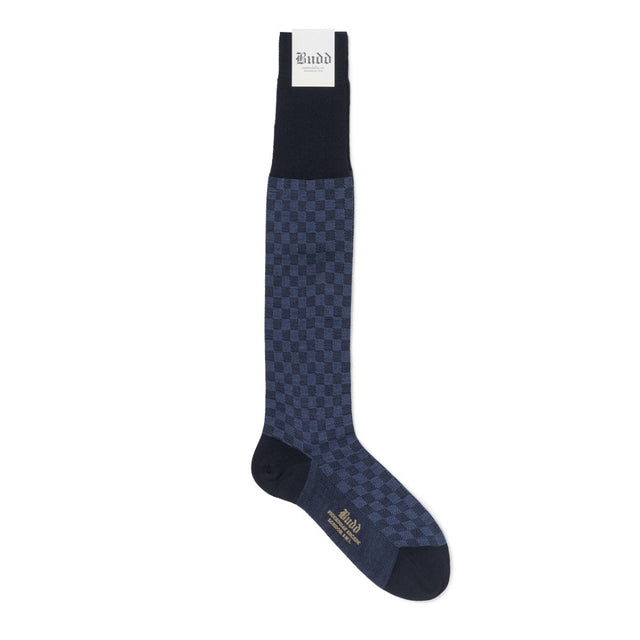 Large & Small Squares Cotton & Cashmere Long Socks in Navy and Sky