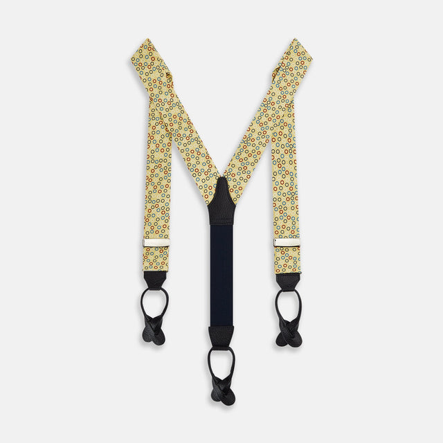 Multi-coloured Circle Yellow Adjustable Silk and Navy Leather Braces