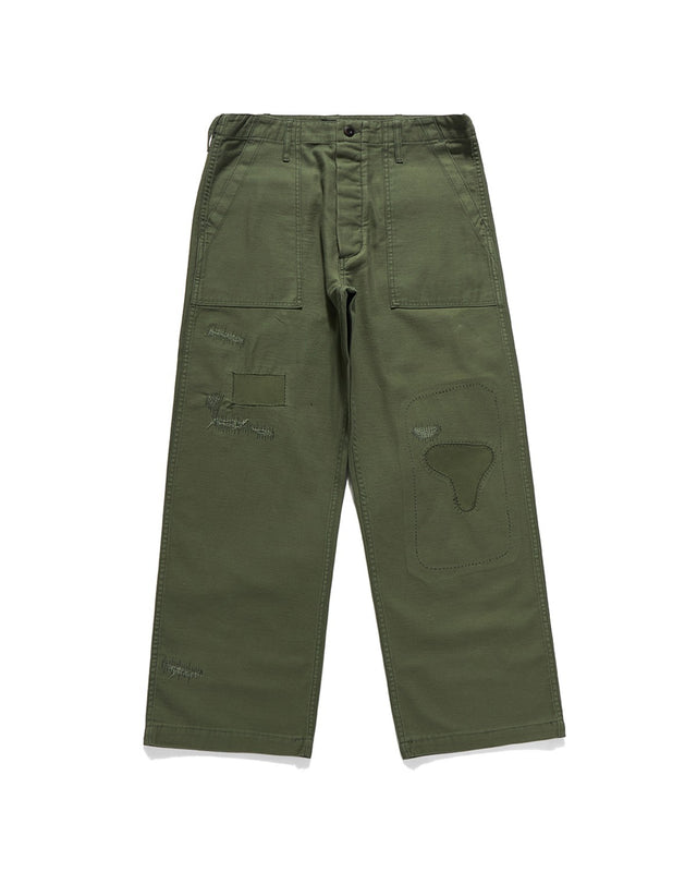 DAMAGED FATIGUE PANTS / OLIVE BACKSATIN