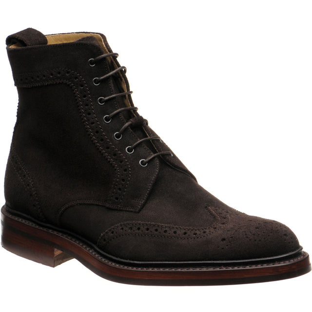 Barker Calder mens rubber-soled brogue boots in choc burnished suede