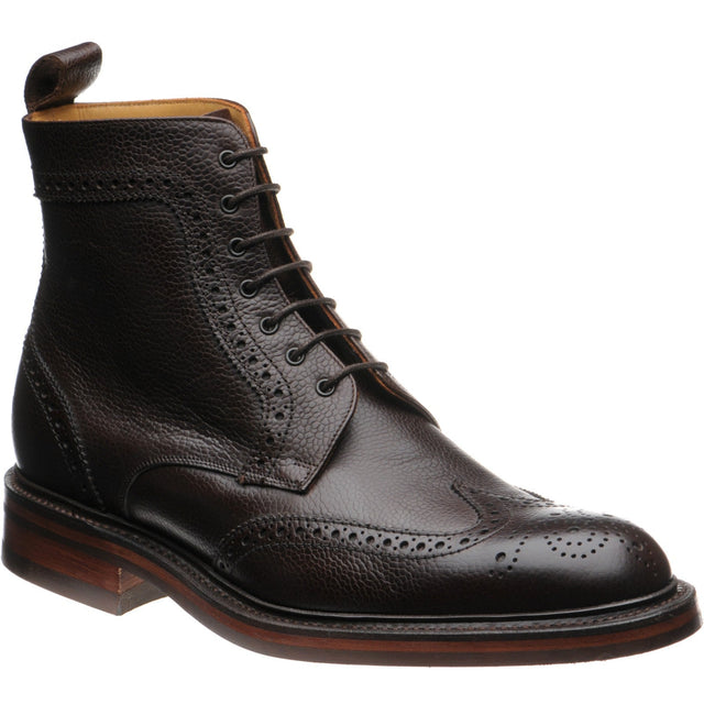 Barker Calder mens rubber-soled brogue boots in dark brown grain