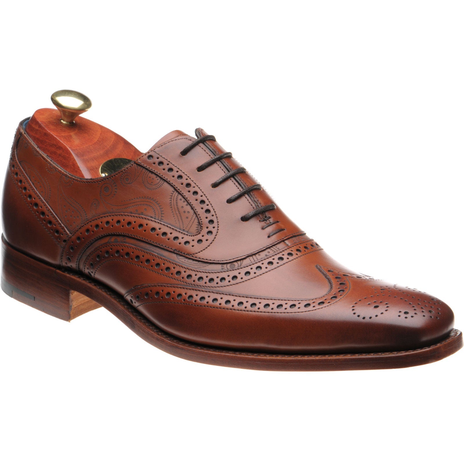 Barker McClean mens brogues in rosewood calf and paisley laser