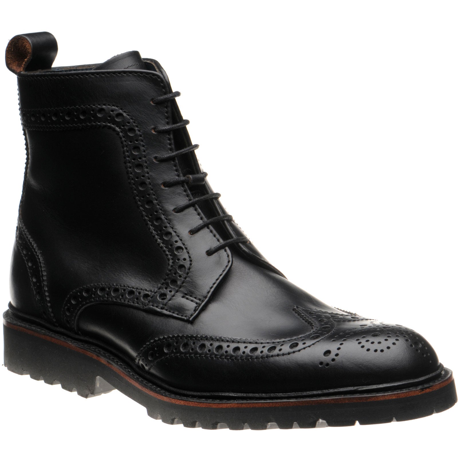 Barker Woodbury mens rubber-soled brogue boots in black waxy calf