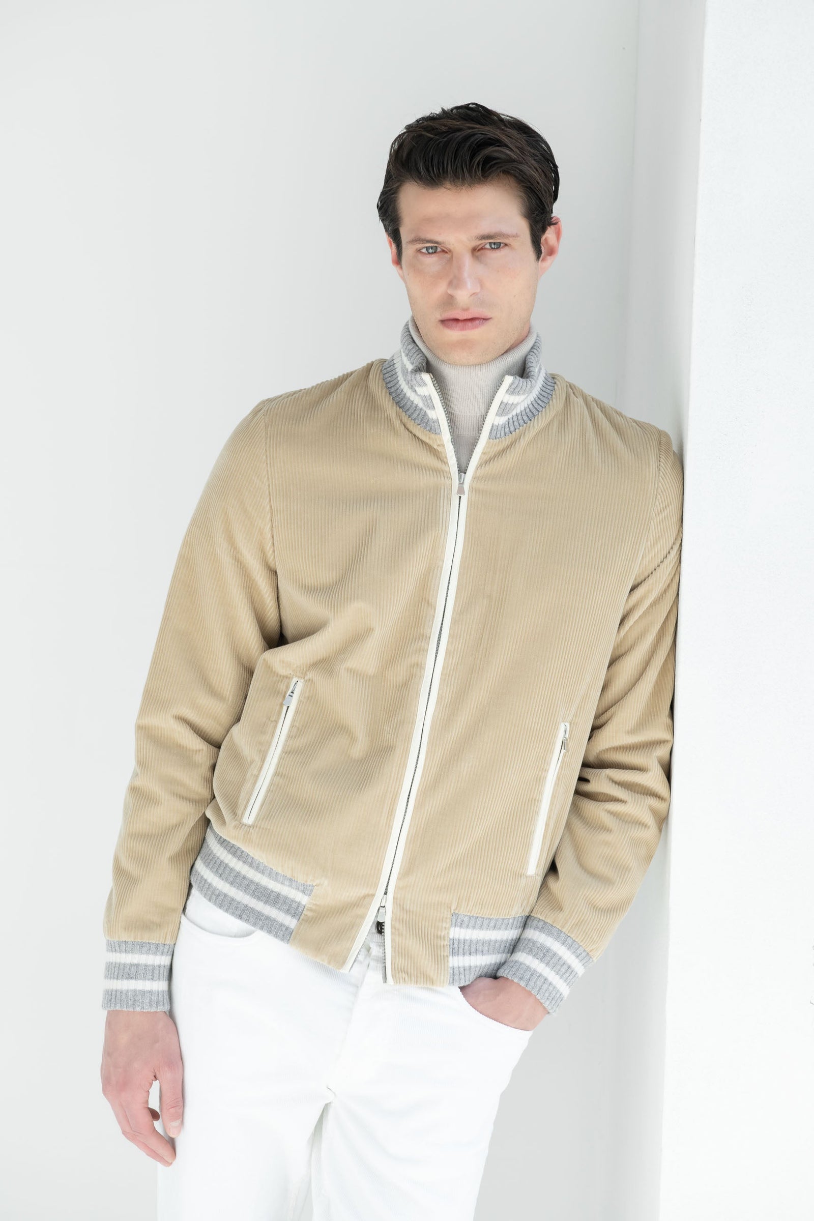 Beige Corduroy College Bomber Made In Italy