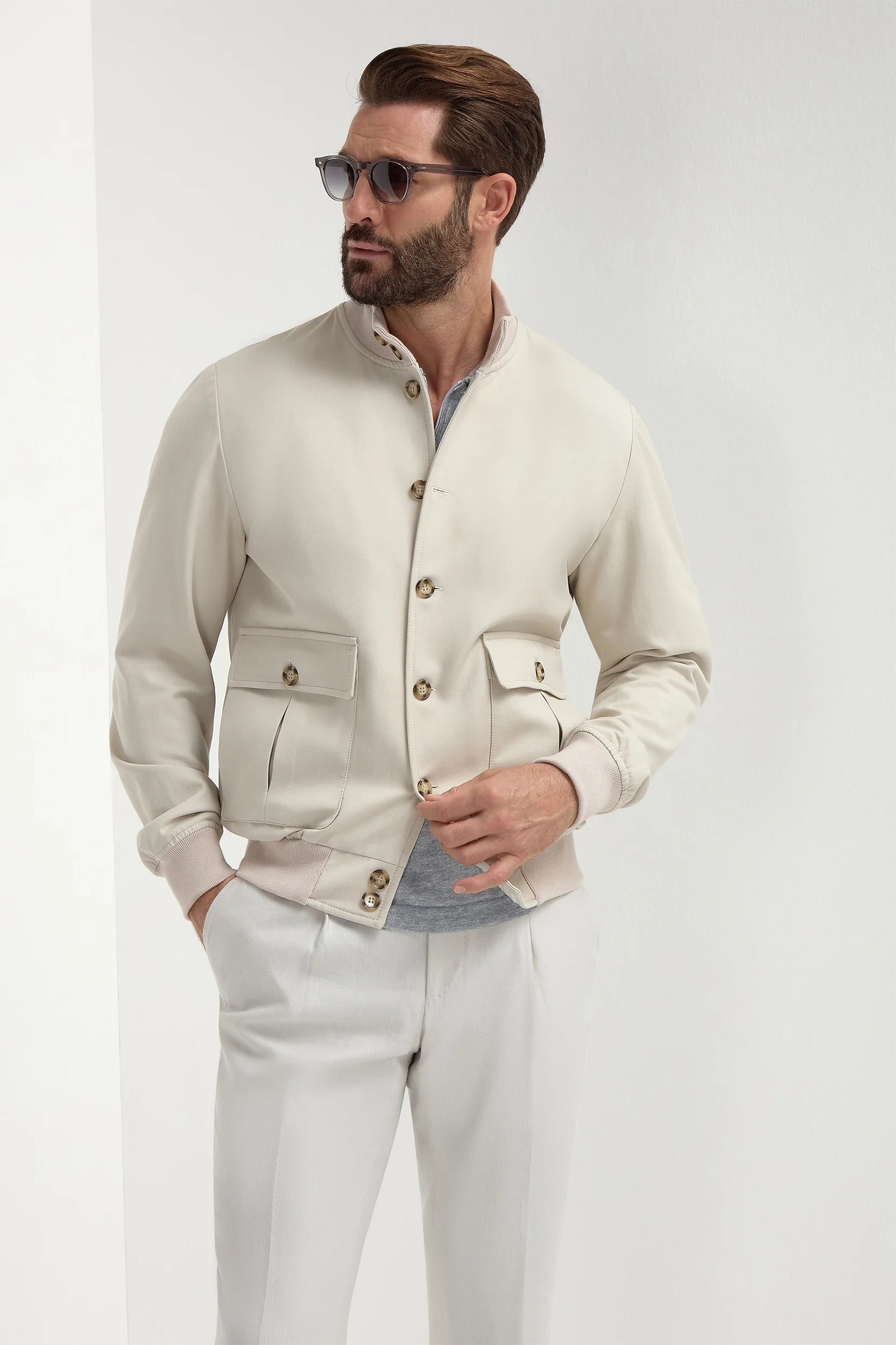 Beige Cotton And Silk Bomber Made In Italy
