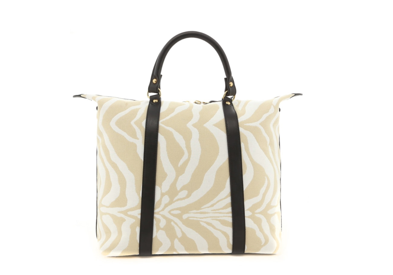 Hampton Tote - Beige/Cream Zebra/Black Trim - Canvas