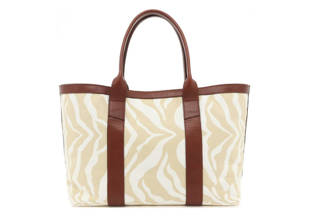 Large Working Tote - Beige/Cream Zebra Canvas - Chestnut Leather Trim