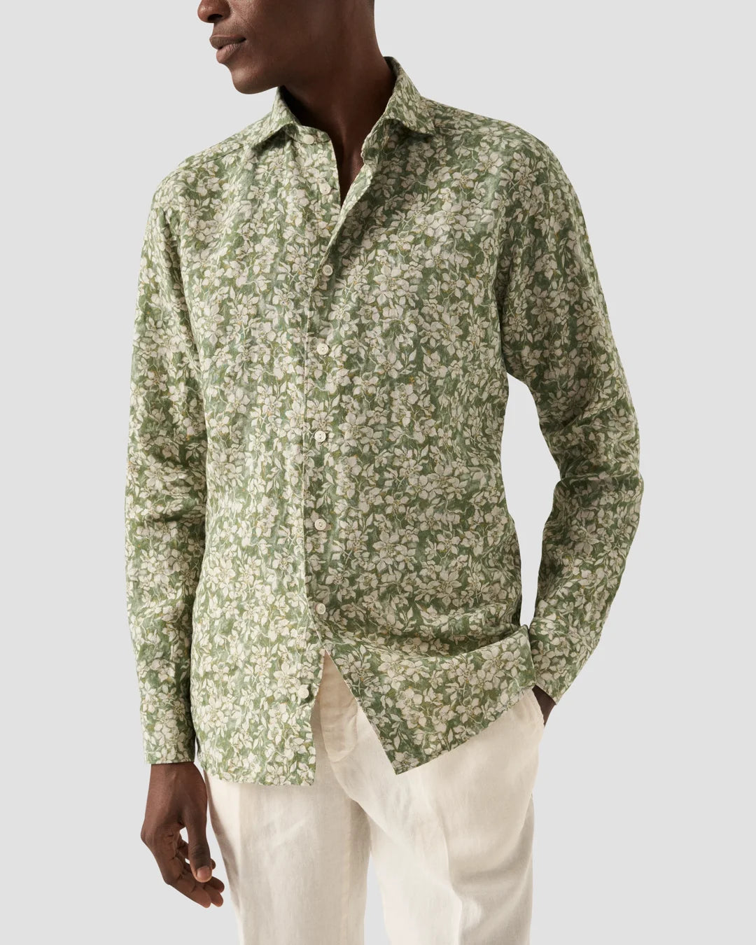 Green Floral Print Linen Shirt Eton