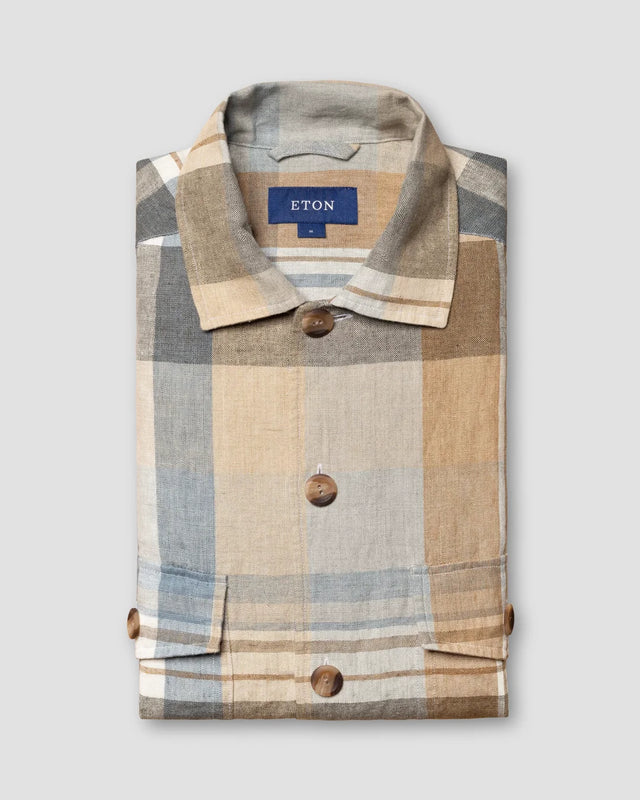 Khaki Plaid Linen Twill Overshirt - Eton
