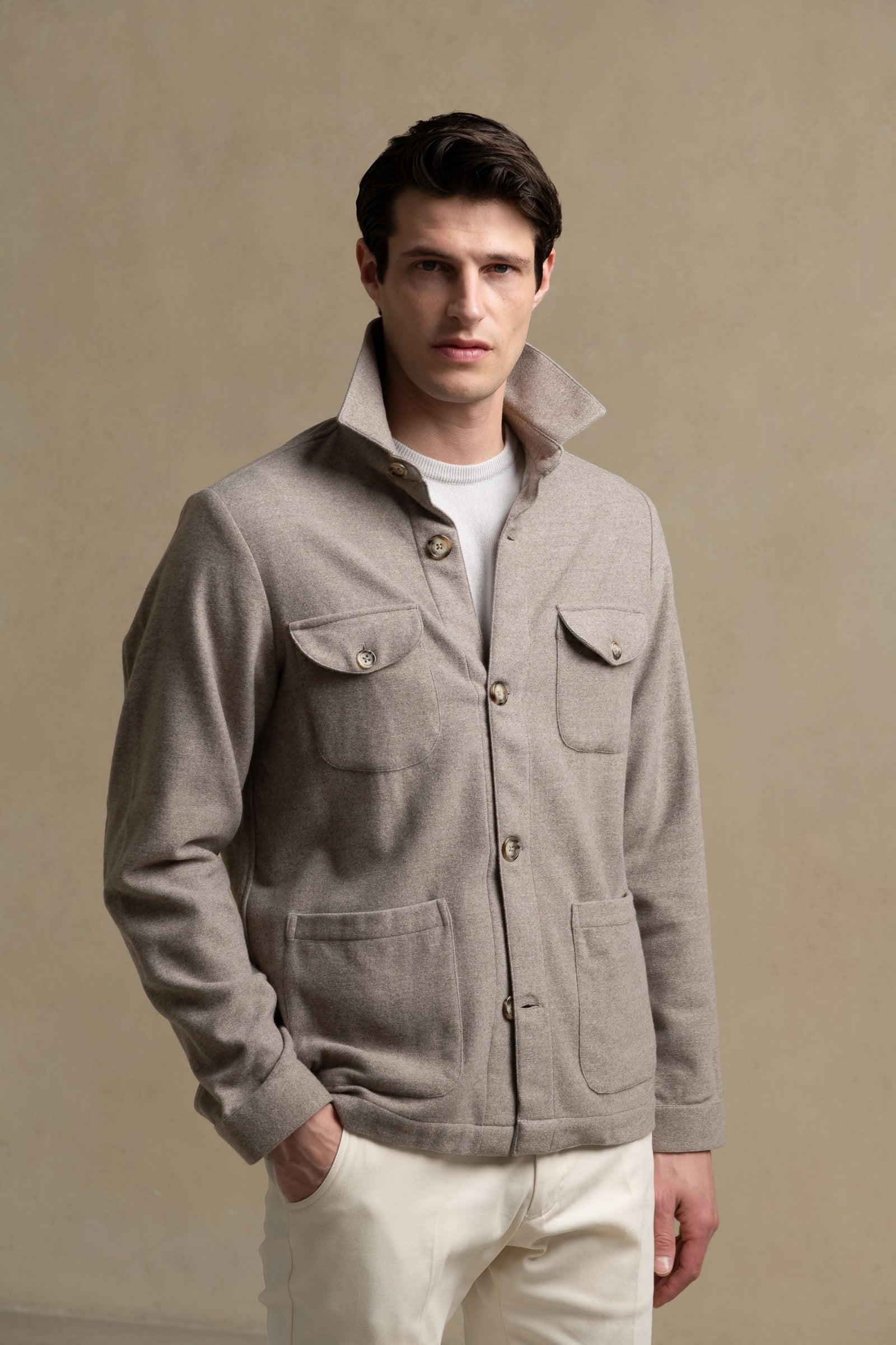 Beige Safari Jacket Flannel Super 180s Made In Italy