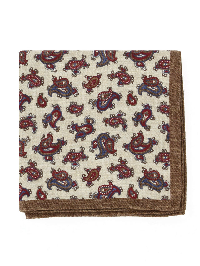 Beige silk pocket square with paisley pattern