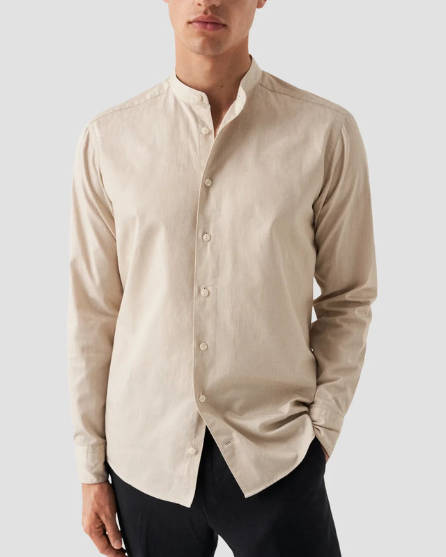 Beige Solid Twill Band Collar Shirt - Eton