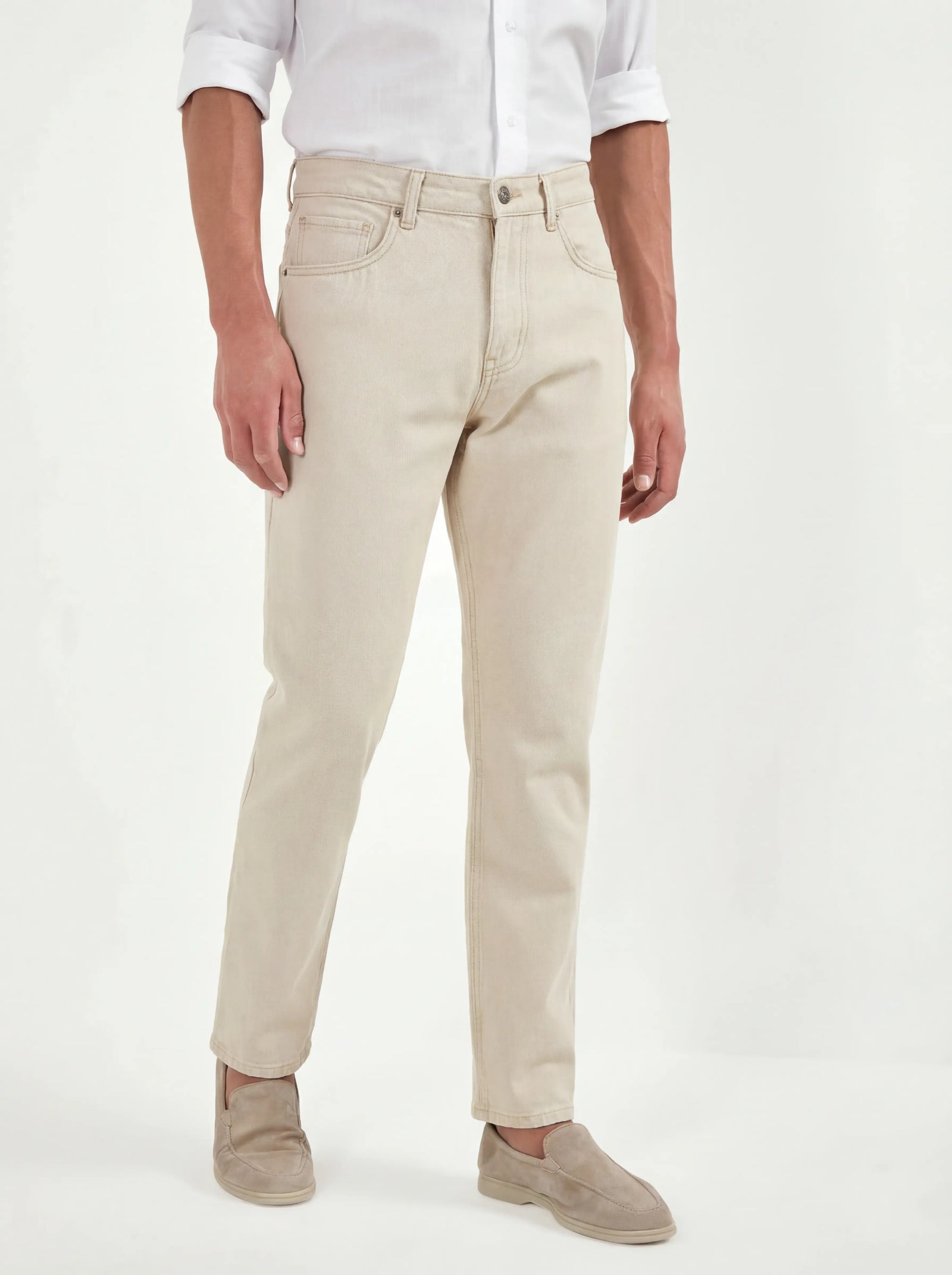 Beige Straight Linen Blend Jeans Made In Italy