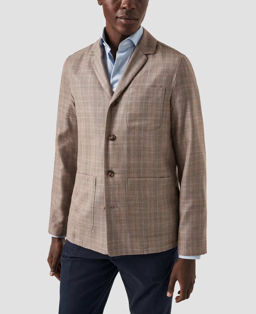 Light Brown Checked Dressy Linen Wool Overshirt Eton