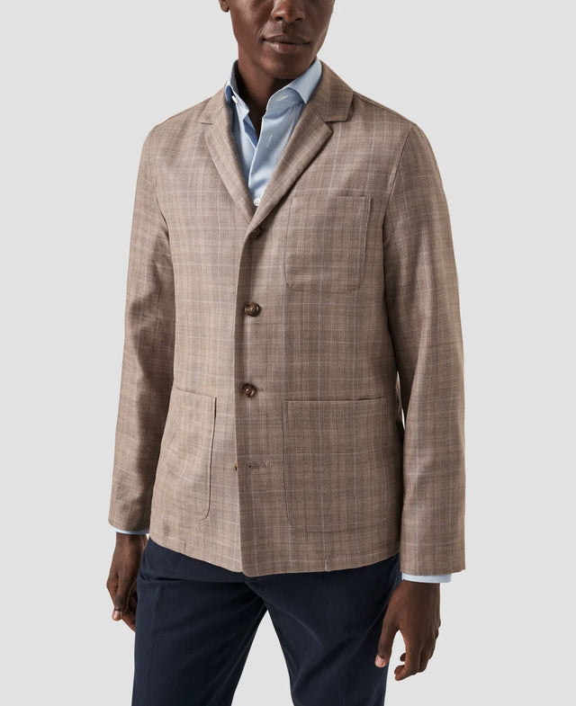 Light Brown Checked Dressy Linen Wool Overshirt - Eton