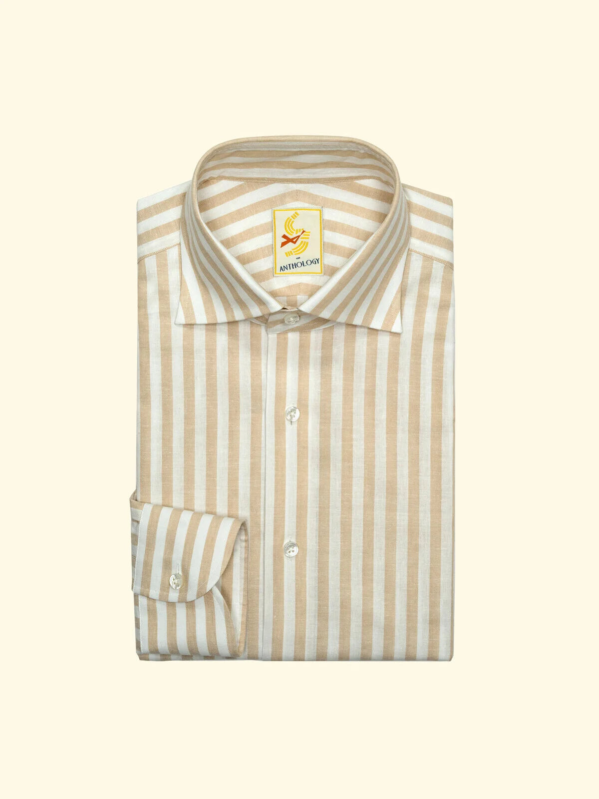 Beige And White Candy Striped Cotton Linen Spread Collar Shirt The Anthology