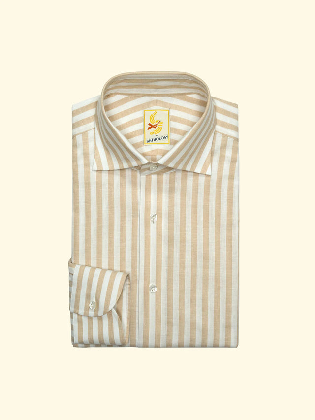Beige and White Candy Striped Cotton/Linen Spread Collar Shirt — The Anthology
