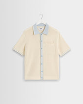 Belle - Ecru Blue Tipped Pointelle Polo Shirt