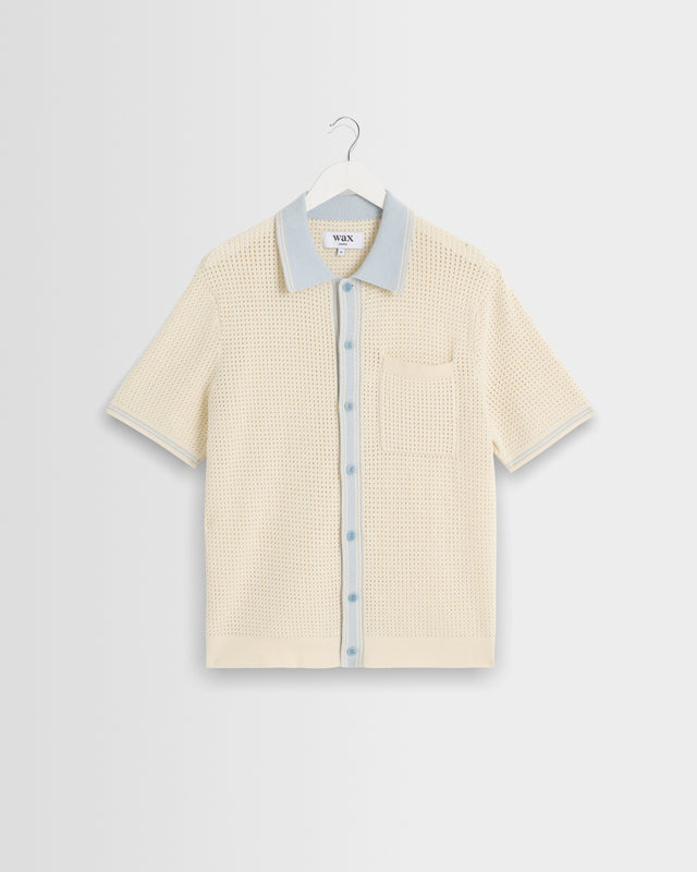 Belle - Ecru Blue Tipped Pointelle Polo Shirt