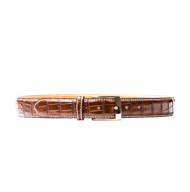 Light brown Crocodile belt, hand-stitched with nickel buckle