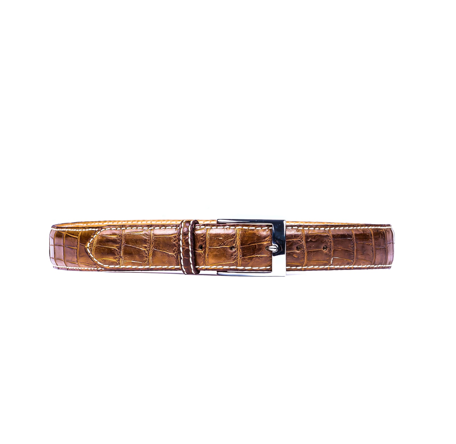 Light Brown Crocodile Belt With Hand Stitched Edge