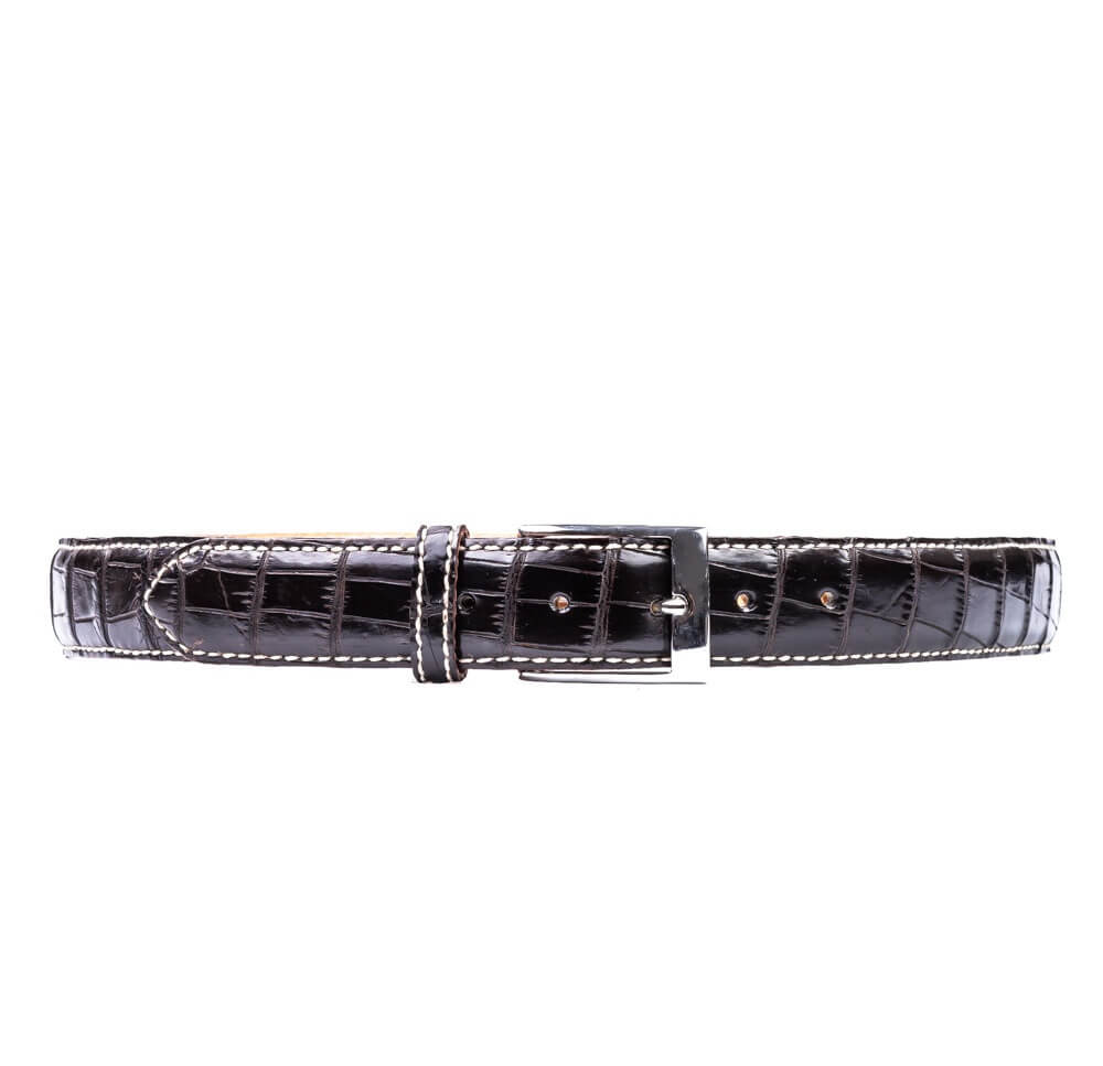 Dark Brown Crocodile Belt Hand Stitched With Nickel Buckle