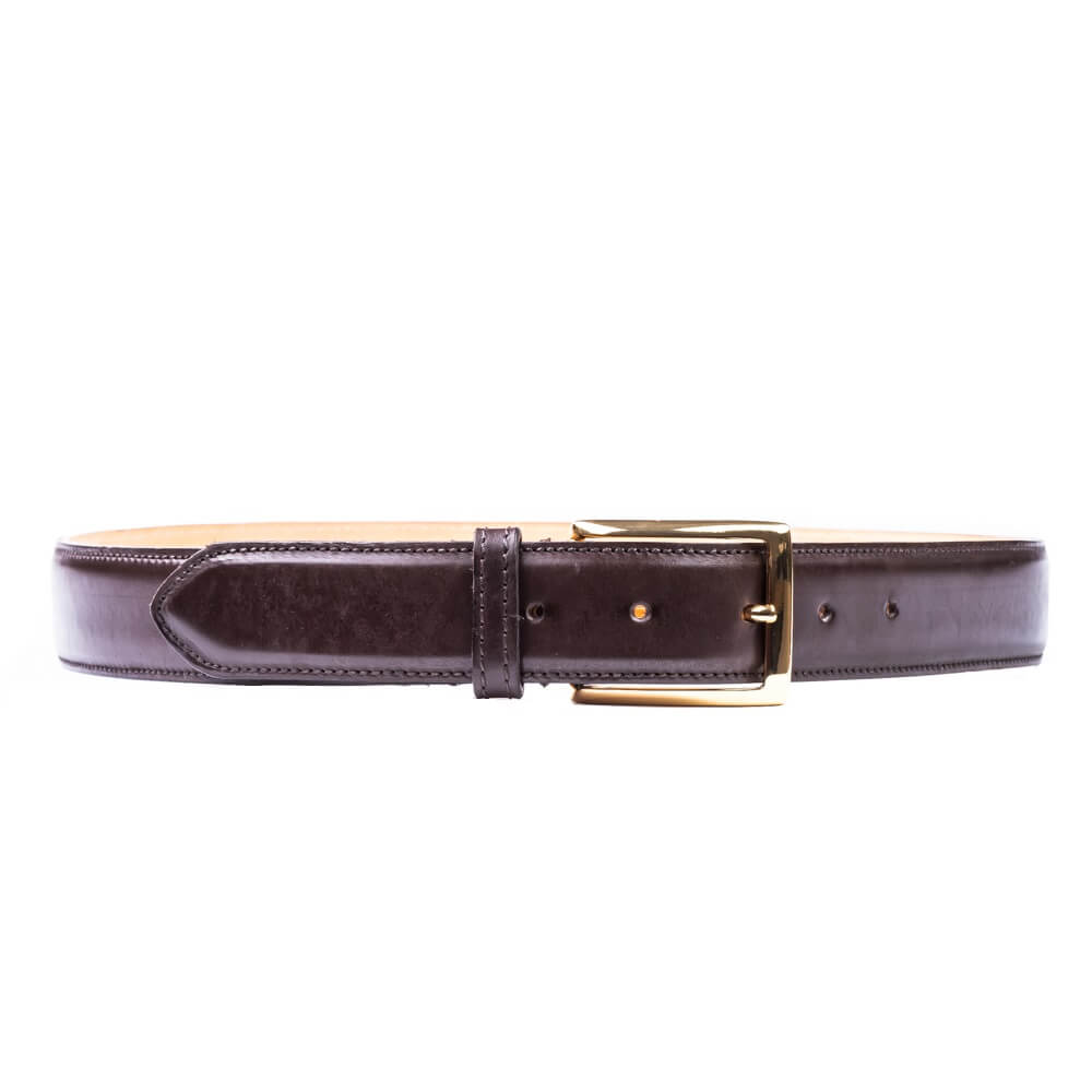 Dark Brown Crust Calf Leather Belt Machine Stitched With Brass Buckle