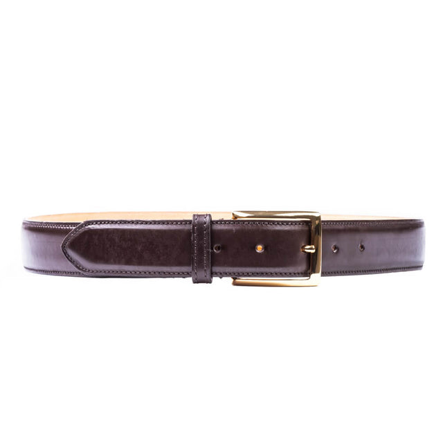 Espresso dark brown Crust calf leather belt, machine stitched with brass buckle