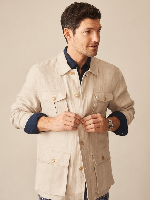 Stone Herringbone Aston Linen Safari Jacket | Men's Jackets \u0026 Outerwear | J.McLaughlin