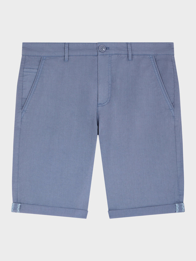 Bermuda slim en coton et lin bleu chambray
