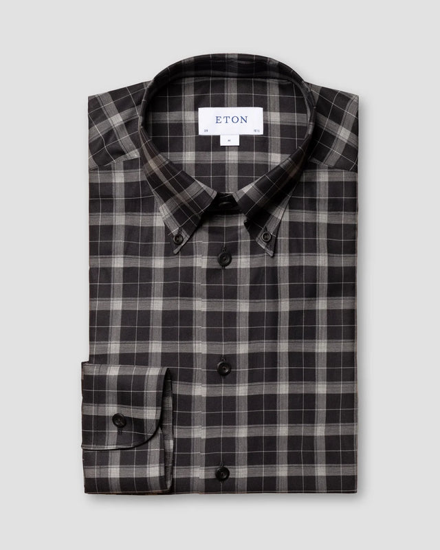 Hemd aus bügelfreiem Flanell mit schwarzem Plaid-Karo - Eton