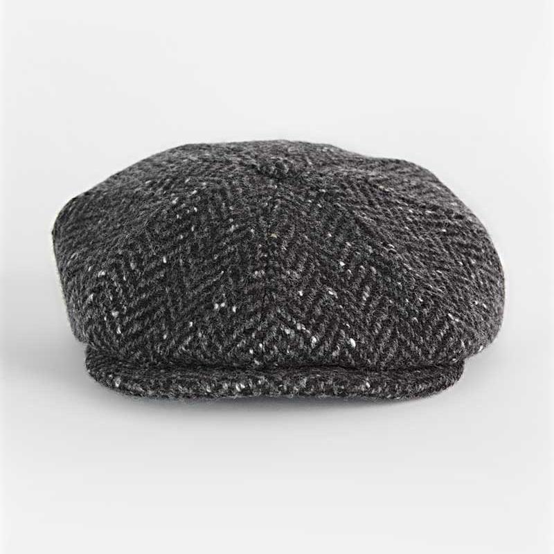 Grey Herringbone Donegal Tweed Wool Gatsby Cap