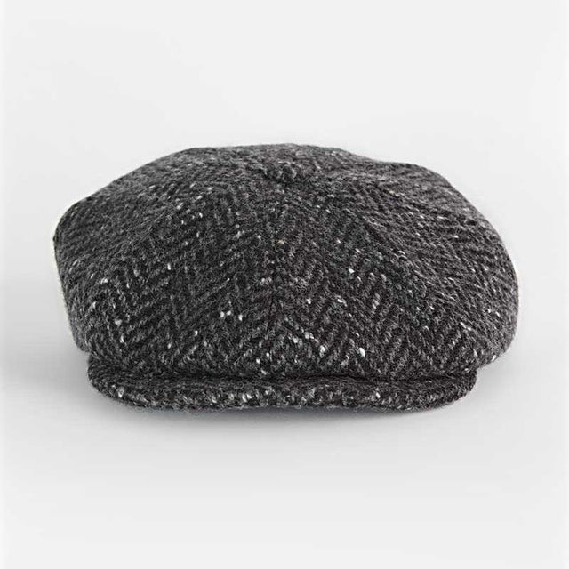 Black & Grey Herringbone Donegal Tweed Wool Gatsby Cap