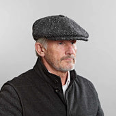 Grey Herringbone Donegal Tweed Wool Gatsby Cap