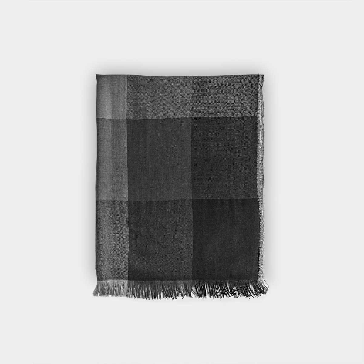 Grey Large Check Silk Cashmere Scarf
