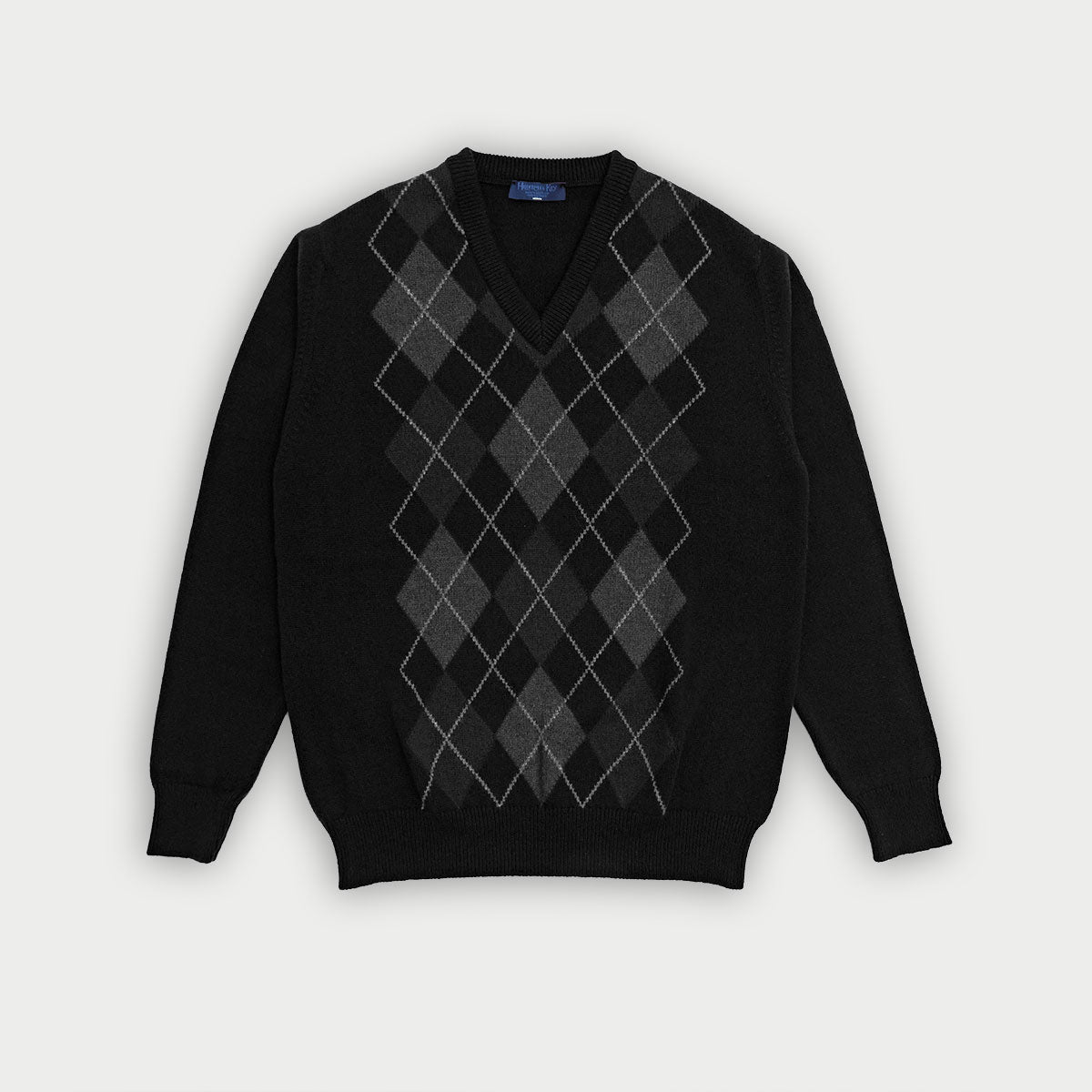 Black V-Neck Cashmere Argyle Sweater
