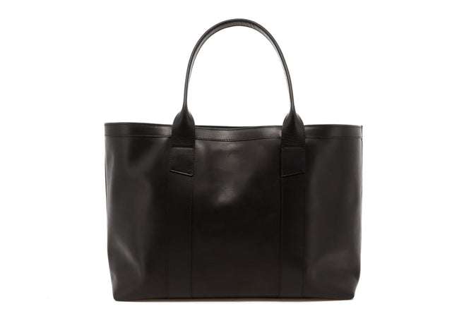 Large Working Tote - Black Leather - Striped Sunbrella Lining