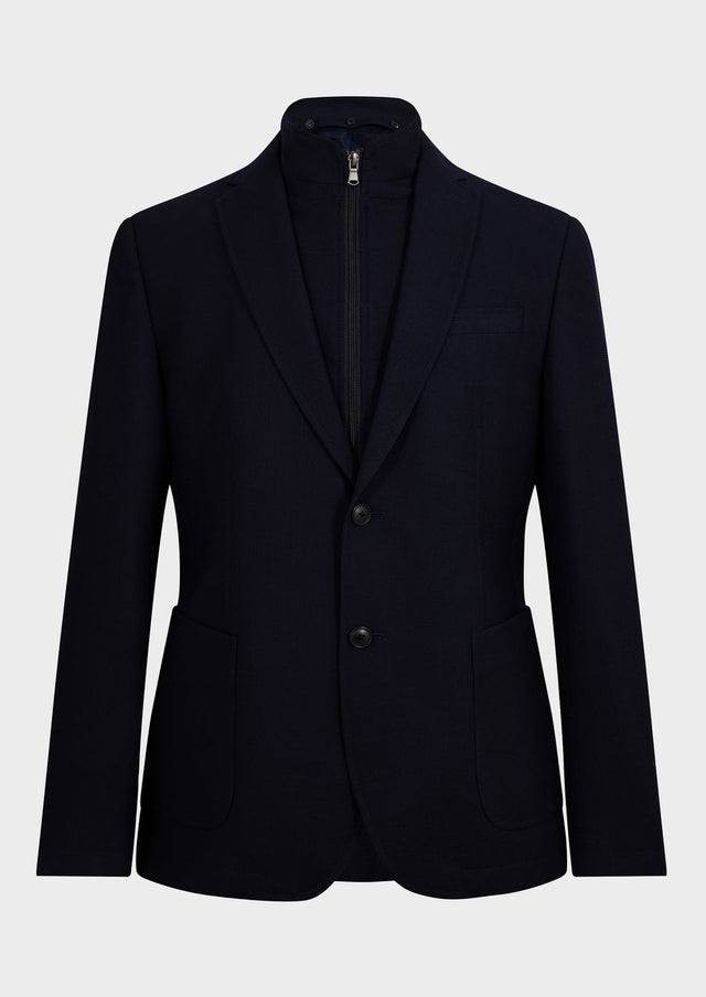 Blazer voyage Regular en laine mélangée unie bleu marine à parementure amovible