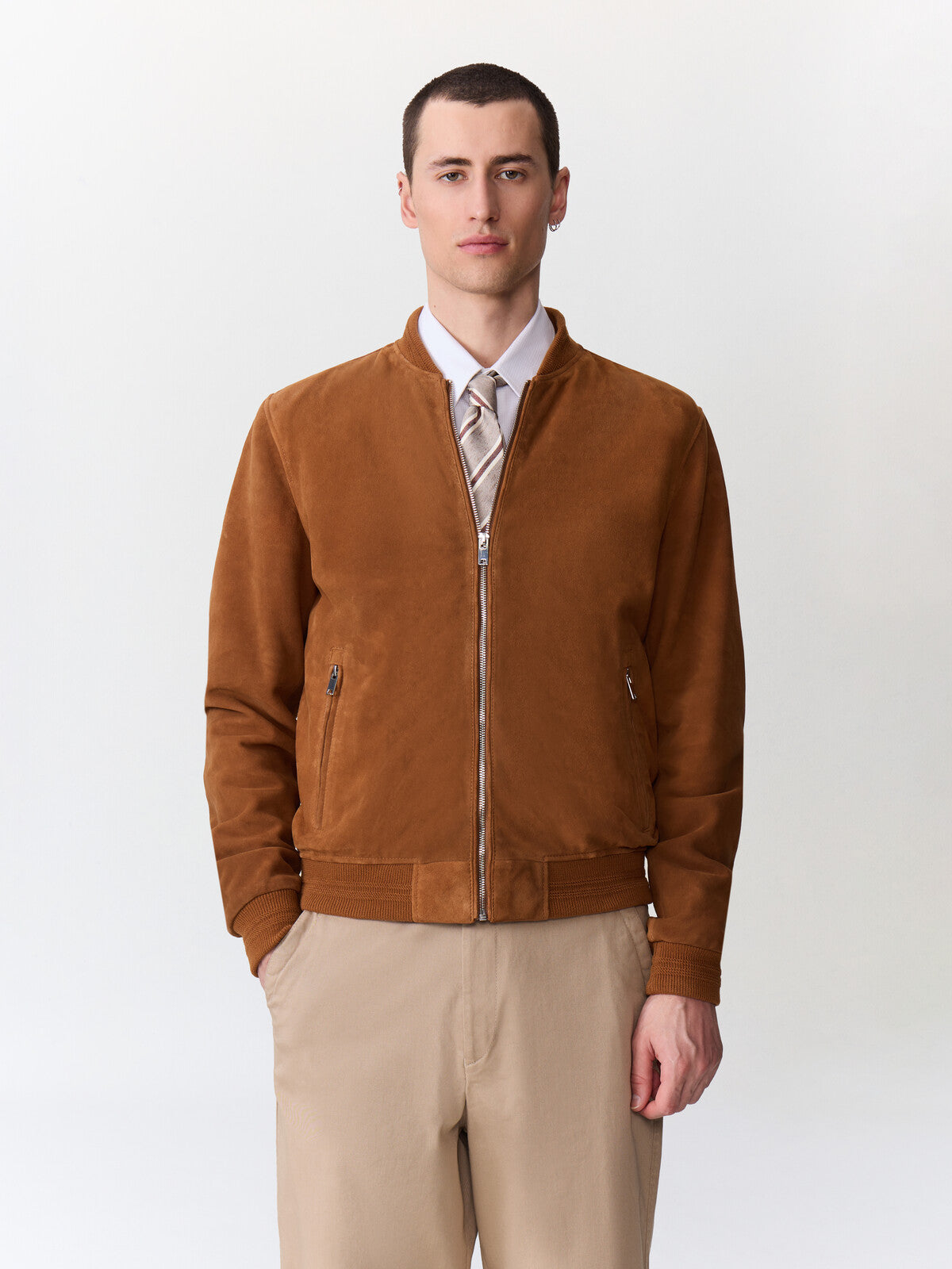 Blouson Teddy En Cuir Nubuck Cognac