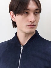 Blouson Teddy En Cuir Nubuck Bleu Marine