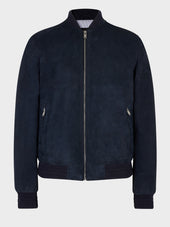 Blouson Teddy En Cuir Nubuck Bleu Marine