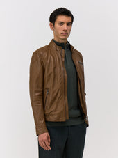 Blouson En Cuir Camel Capuche Amovible